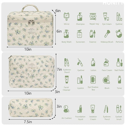 Makeup Bag,Quilted Cosmetic Bags,Large Floral Make Up Organize bag,Makeup Bag Set for Women,Flower Travel Toiletry Bag