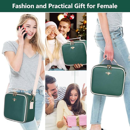 Travel Makeup Bag with Mirror of LED Lighted, Rechargeable Cosmetic Train Case Artist Makeup Organizer for Women with Adjustable Dividers, Makeup Brushes Holder and Strap (Green)