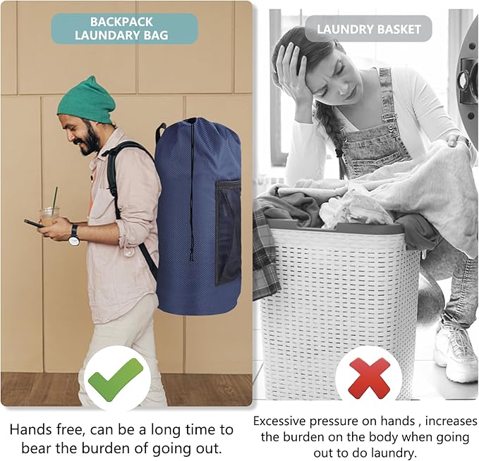 Portable with Adjustable Shoulder Straps Travel Dirty Laundry Bag,with Drawstring Closure & Mesh Pocket Backpack Laundry Bag for College,Apartment,Camping(Dark Blue)