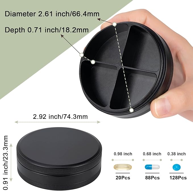 Daily Pill Organizer 4 Compartments - Metal Daily Small Pill Case Waterproof, Travel Pill Box for Purse, Compact Medicine Container Pill Dispensers Holder for Vitamin, Fish Oil, Supplement (Black)