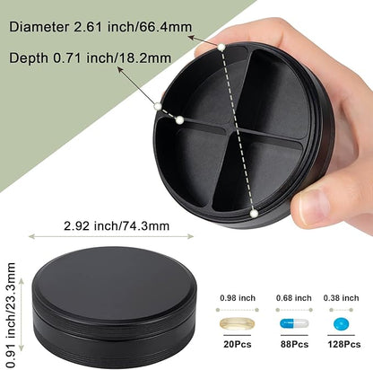 Daily Pill Organizer 4 Compartments - Metal Daily Small Pill Case Waterproof, Travel Pill Box for Purse, Compact Medicine Container Pill Dispensers Holder for Vitamin, Fish Oil, Supplement (Black)