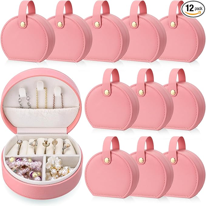 Weysat 12 Pack Travel Jewelry Case Bulk Mini Leather Bridesmaid Jewelry Gift Box Small Earring Storage Organizer (Dark Pink)
