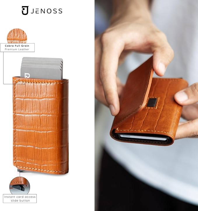 Jenoss Smart Wallet For Men: Full Grain Leather, Handcrafted, Slide Metal Pop Up Case, Slim RFID Blocking Credit Card Holder, Minimalist, Compact - 6-8 Cards Organizers, Front Pocket (Light Brown)