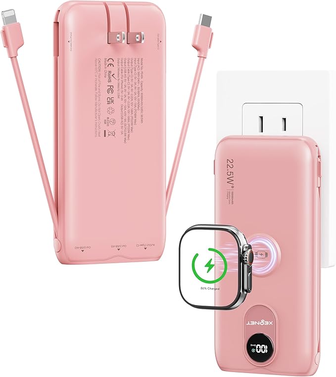 Portable Charger, 10000mAh 22.5W Fast Charging Power Bank with Built in Cable & Wall Plug, Travel Essential Battery Pack with LED Display, External Charger for iPhone, iWatch 11/10/9/8/Ultra/SE Pink