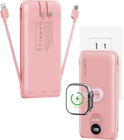 Portable Charger, 10000mAh 22.5W Fast Charging Power Bank with Built in Cable & Wall Plug, Travel Essential Battery Pack with LED Display, External Charger for iPhone, iWatch 11/10/9/8/Ultra/SE Pink