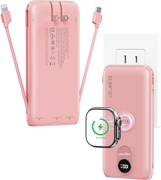 Portable Charger, 10000mAh 22.5W Fast Charging Power Bank with Built in Cable & Wall Plug, Travel Essential Battery Pack with LED Display, External Charger for iPhone, iWatch 11/10/9/8/Ultra/SE Pink
