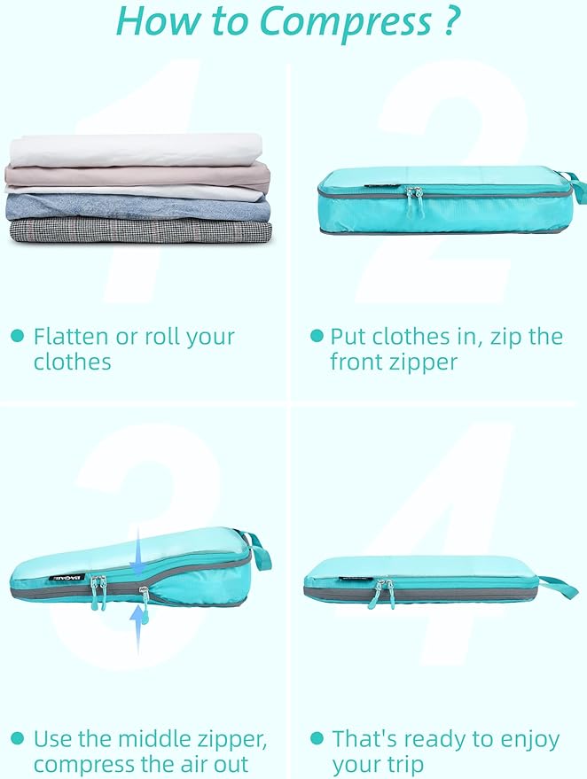 Bagail Ultralight Compression Cubes 7 Set - 3 Packing Cubes, 3 Organizers, and 1 Shoe Bag