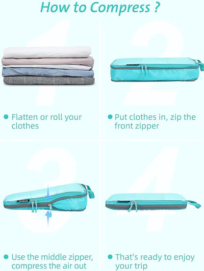 Bagail Ultralight Compression Cubes 7 Set - 3 Packing Cubes, 3 Organizers, and 1 Shoe Bag