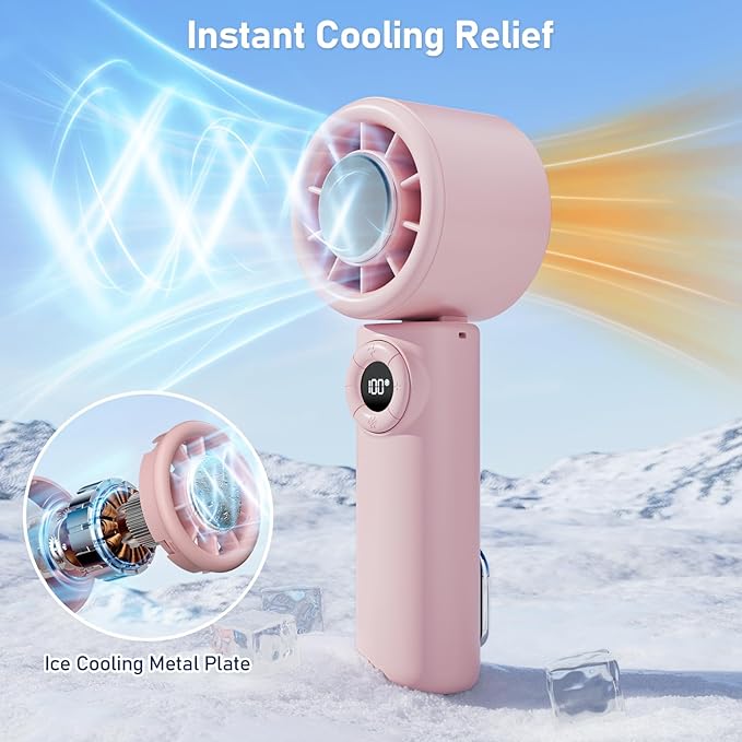 CIVPOWER Handheld Fan: Portable Small Ice Cooling Plate- 4000mAh Rechargeable 100 Gear High-Speed Turbo 10500 RPM - Personal Foldable Battery Operated for Travel Indoor Outdoor Women Men (Pink)