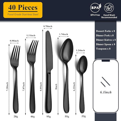 40 Piece Black Silverware Set Service for 8, EIUBUIE Premium Stainless Steel Black Cutlery Set, Mirror Polished Flatware Sets, Modern Kitchen Eating Utensils Sets Include Forks Spoons Knives