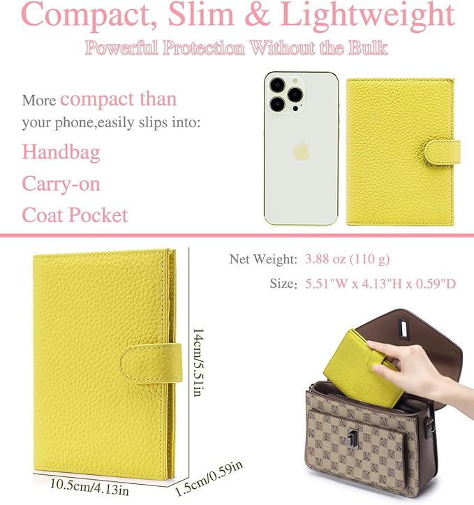 Slim Passport Wallet for Women – RFID Blocking Passport Holder for Travel Women with Card Slots, Coin Pocket & SIM Slot – Genuine Leather Travel Organizer – Lemon Yellow