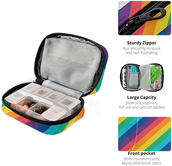 Pill Organizer Box Case Weekly Travel Pill Container Cute Pill Holder 7Day Vitamin Organizer Pill Dispenser Sorter Planner Storage Small Compact Rainbow Stripes12