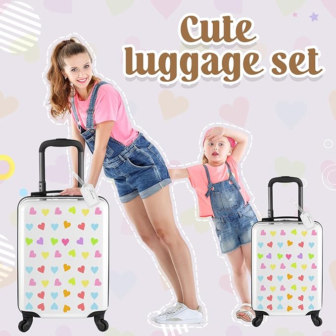 Sanwuta 6 Pcs Kids Luggage Set Kids Rolling Suitcases for Girls(White,18", 20",Heart)