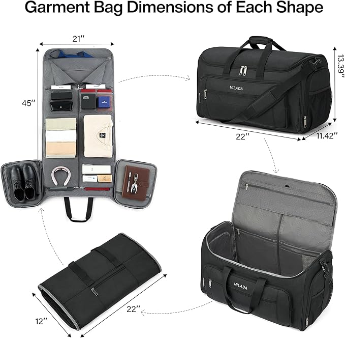 MILADA Convertible 2-in-1 Garment Duffel Weekender Bag Carry On Garment Bags for Travel Hanging Clothes Suit Bag Foldable Personal Item Business Overnight Bag with Shoe Compartment, Black