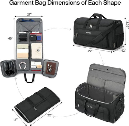 MILADA Convertible 2-in-1 Garment Duffel Weekender Bag Carry On Garment Bags for Travel Hanging Clothes Suit Bag Foldable Personal Item Business Overnight Bag with Shoe Compartment, Black