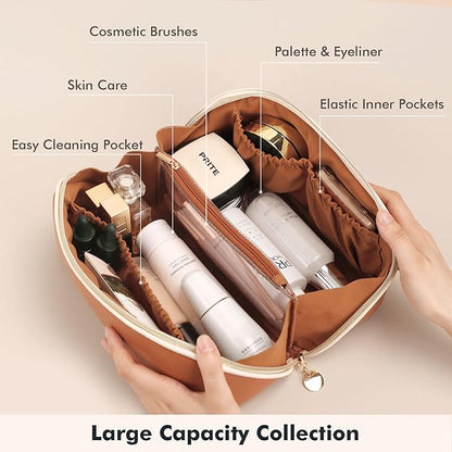 Prite Makeup Bag for Women Travel Waterproof Vegan Leather Cosmetic Bag Open Flat Toiletry Bag With Clear Divider and Handle (Large Brown)