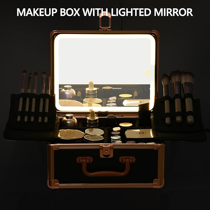 Makeup Case with Lighted Mirror, Makeup Box Organizer with Detachable LED Mirror, Travel Makeup Train Case, Waterproof Cosmetic Organizer, Standing Makeup Brush Holder, Gift, Black Gold