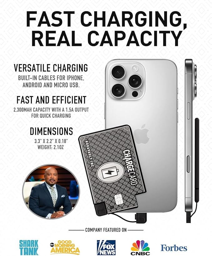 AquaVault ChargeCard – Ultra Slim Emergency Power Bank (2300mAh) – Fits in Wallet – USB-C & Micro-USB – Durable Steel Body – Flight-Safe for iPhone 12-17 & Android - Black