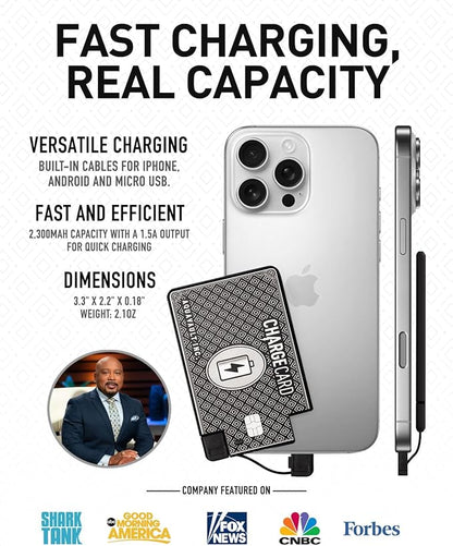 AquaVault ChargeCard – Ultra Slim Emergency Power Bank (2300mAh) – Fits in Wallet – USB-C & Micro-USB – Durable Steel Body – Flight-Safe for iPhone 12-17 & Android - Black