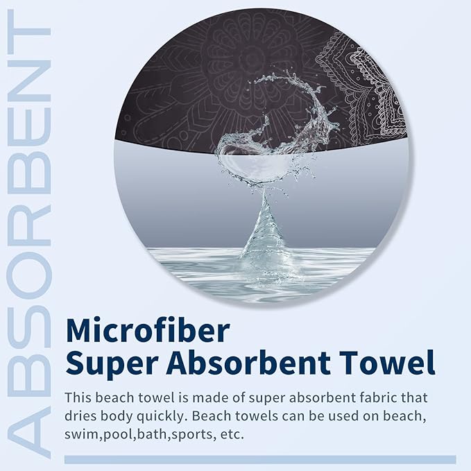 2 Pack Lightweight Thin Beach Towel Oversized 71"x32" Big Extra Large Microfiber Sand Free Towels for Adult Quick Dry Travel Camping Beach Accessories Vacation Essential Gift Black Mandala Pink Leaf