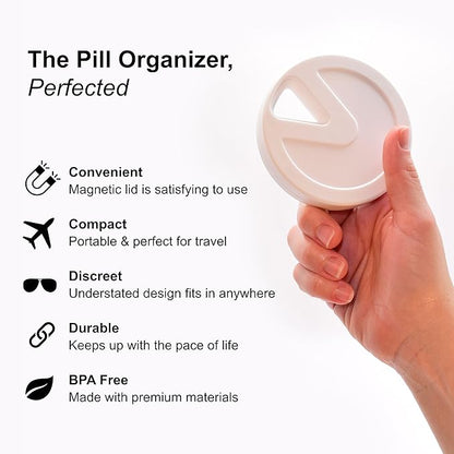 Travel RX Pill Case by Type Two Labs – Weekly 7 Day Pill Box, Compact Magnetic Organizer for Pills fits Purses or Pockets, Rugged Daily Caddy Holds Vitamins, Supplements and Medication. (White)