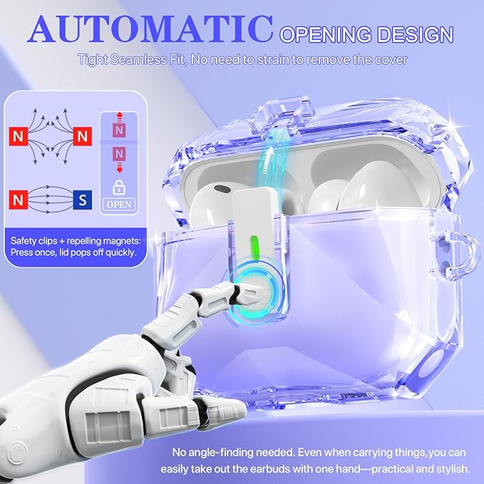 R-fun for AirPods Pro 3 Case (2025) Cover with Cleaning Kit, Military-Grade Shockproof Transparent Non-Yellowing, Auto Pop-Up Lid Design for AirPods Pro 3rd Generation Case, Clear Purple
