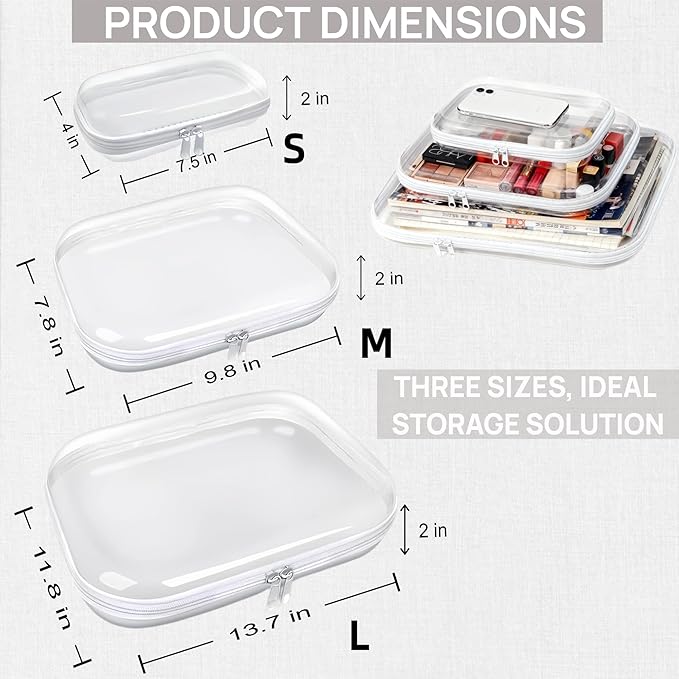 3PCS Clear Hard Plastic Zipper Case, Double Zippers Hard Pouch, Portable Travel Organizer Bin Clear Makeup Bag for Toy Storage, Snack Bag, Cosmetics, Pencil Case, Diaper Bag, Toiletry Bag