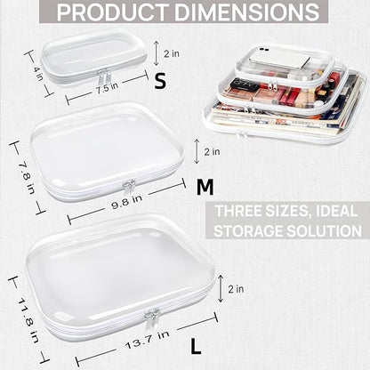 3PCS Clear Hard Plastic Zipper Case, Double Zippers Hard Pouch, Portable Travel Organizer Bin Clear Makeup Bag for Toy Storage, Snack Bag, Cosmetics, Pencil Case, Diaper Bag, Toiletry Bag