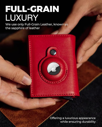 Jenoss Smart AirTag Wallet for Men & Women: Full Grain Leather, Black Pop Up Case, Slim, RFID Blocking, Credit Card Holder Apple Air Tag Tracker Trifold Minimalist 12 Slot ID (Red & Black)