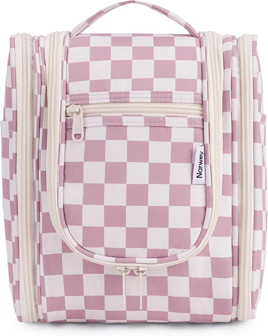 Narwey Small Checkered Hanging Travel Toiletry Bag for Women, Travel Bag for Toiletries, Makeup Bag Organizer Cosmetic Bags Make Up Bags for Women (Dusty Rose Checkerboard)