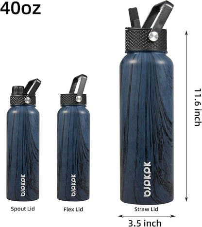 BJPKPK Insulated Water Bottles with Straw Lid, 40oz Stainless Steel Water Bottles with 3 Lids, BPA Free Leakproof Thermo, Tumblers, Cups for Sports- Wood Prussian Blue