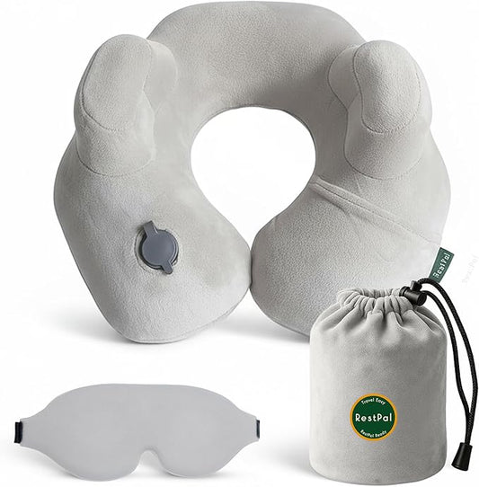 Adjustable Memory Foam Sides Inflatable Travel Neck Pillow | Super Soft, Compact & Portable Neck Support Pillow (Light Gray, Standard)