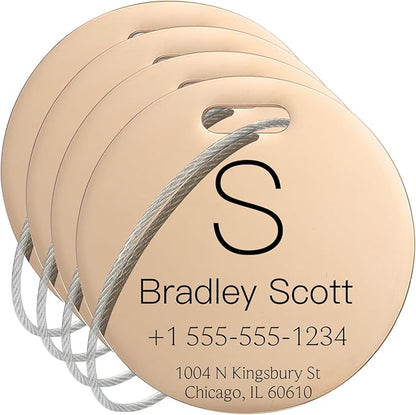 Stainless Luggage Tags for Suitcases 4 Pack: Metal Personalized Luggage Tags for Backpacks & Bags with Customizable Texts (Rose Gold)