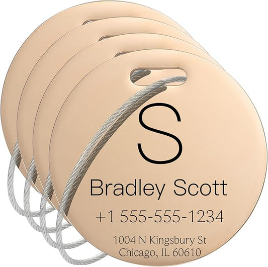 Stainless Luggage Tags for Suitcases 4 Pack: Metal Personalized Luggage Tags for Backpacks & Bags with Customizable Texts (Rose Gold)