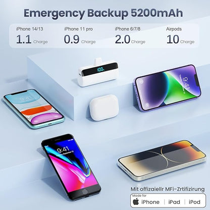 Mini Portable Charger for iPhone,5200mAh PD Fast Charging Battery Pack,LCD Display Cute Power Bank Portable Phone Charger for iPhone 14/14 Pro Max/13/13 Pro/12 Pro/11/XS/XR/X/8/7/6-Warm White
