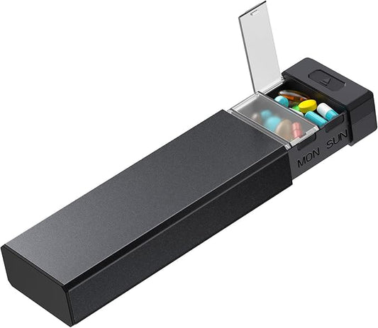 HEIYING 7 Days Pill Organizer with Aluminum Shell for One Week Capacity, Portable Metal Pill Case to Hold Vitamin, Medicine, Supplements