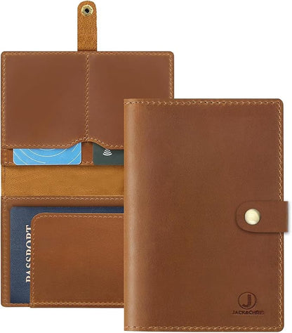 Jack&Chris Genuine Leather Passport Holder For Travel, RFID Blocking Handmade Passport Holder with Card Case Organized & Safe, Quality Travel Essentials for Women and Men for Gifting, Light Brown