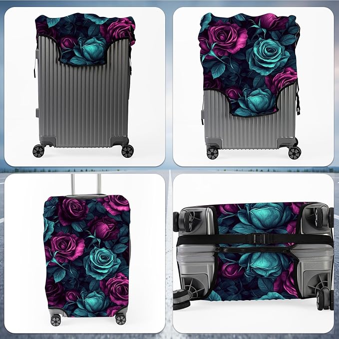 Suitcase Cover for Luggage 18-21 Inch, Washable Elastic Anti-Scratch Luggage Protector, Durable Zipper Baggage Cover with Handle Wrap, Travel Accessories for Suitcase, Purple-Green Rose