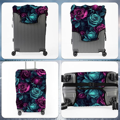 Suitcase Cover for Luggage 18-21 Inch, Washable Elastic Anti-Scratch Luggage Protector, Durable Zipper Baggage Cover with Handle Wrap, Travel Accessories for Suitcase, Purple-Green Rose