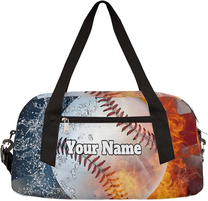 Custom Your Name American Flag Fire Baseball Personalized Text Gym Duffle Bag for Kids,Sports Bag for Teens Boys & Girls Small Waterproof Overnight Weekender Carry School Practice Travel Bag