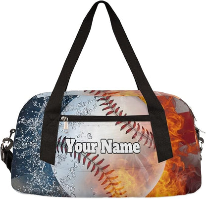 Custom Your Name American Flag Fire Baseball Personalized Text Gym Duffle Bag for Kids,Sports Bag for Teens Boys & Girls Small Waterproof Overnight Weekender Carry School Practice Travel Bag