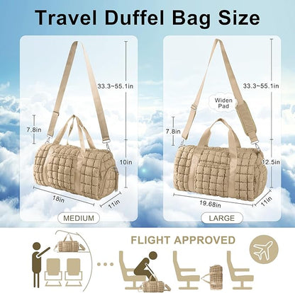 Quilted Travel Duffle Bag Gym Bag for Women,Large Puffer Duffle Weekender Bag with Compartment,Workout Overnight Carry on Organizer Bag Duffle Bag for Airplane Travel(L-Khaki)