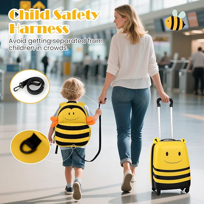 HONEY JOY Kids Luggage, 12” Children Hardshell Backpack & 16” Toddler Travel Rolling Suitcase, 2 Pcs Lightweight Carry On Luggage Set, Kids Luggage with Wheels for Girls & Boys(Yellow Bee)