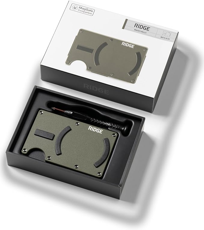 Ridge Wallets for Men Compatible with Magsafe - Slim Minimalist Compact Wallet and Card Holder, RFID Protected Front Pocket Wallets for Men with Integrated Cash Strap (Matte Olive)