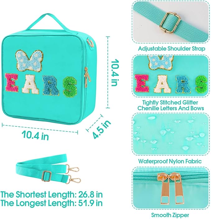 Chenille Letter Bow Mouse Ears Travel Case, Park Ears Headband Holder Hair Accessories Organizer Bag for Girls Women Kids Adults, Large Makeup Bag Snack Bags with Zipper for Travel Picnic - Cyan