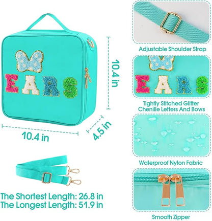 Chenille Letter Bow Mouse Ears Travel Case, Park Ears Headband Holder Hair Accessories Organizer Bag for Girls Women Kids Adults, Large Makeup Bag Snack Bags with Zipper for Travel Picnic - Cyan