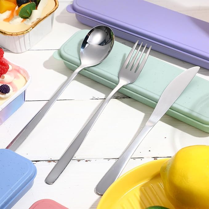Yinkin 4 Pack Portable Travel Utensils Set with Case Reusable Stainless Steel Silverware Flatware Camping Cutlery Include Fork Spoon Knife for Work School Dishwasher Safe (Purple, Green, Blue, Pink)
