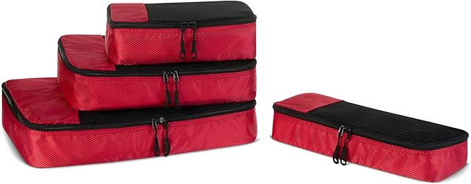 Amazon Essentials 4-Piece Packing Cubes Travel Accessories Set, Luggage Organizer with Double Zipper, Mesh Top, 100% Polyester, Small/Medium/Large/Slim, Red (Previously Amazon Basics)