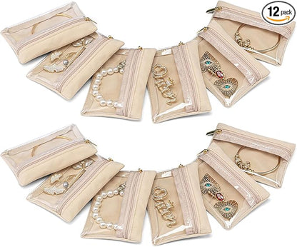 Vlando 12 Pcs Travel Jewelry Organizer Velvet Jewelry Pouch with Zipper Clear Travel Jewelry Bag for Travel Business Trip Mother‘s Day Gift for Mom Wife Women