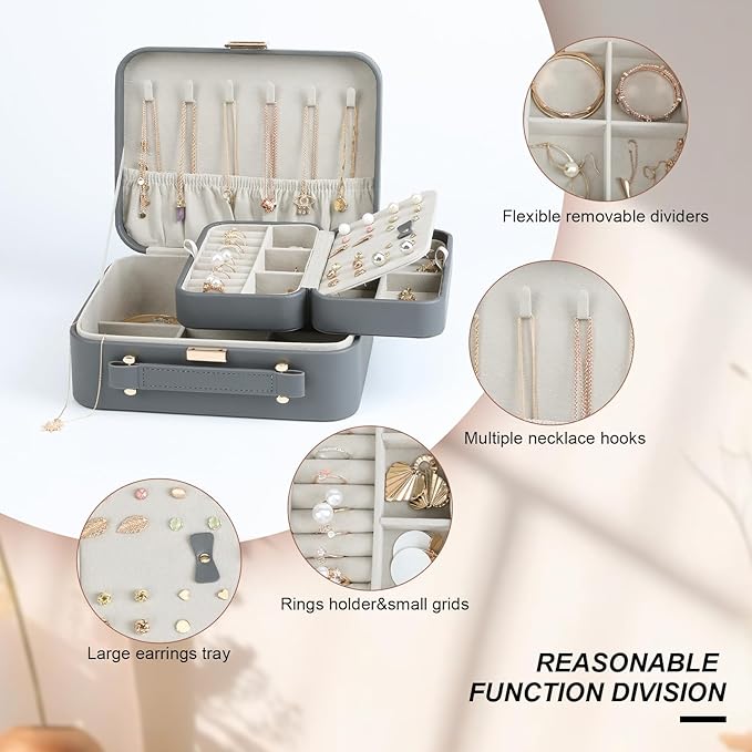 Travel Jewelry Case Large, Jewelry Box Large Jewelry Travel Organizer Jewelry Case with Handle, Best Gift for women Girls, Grey